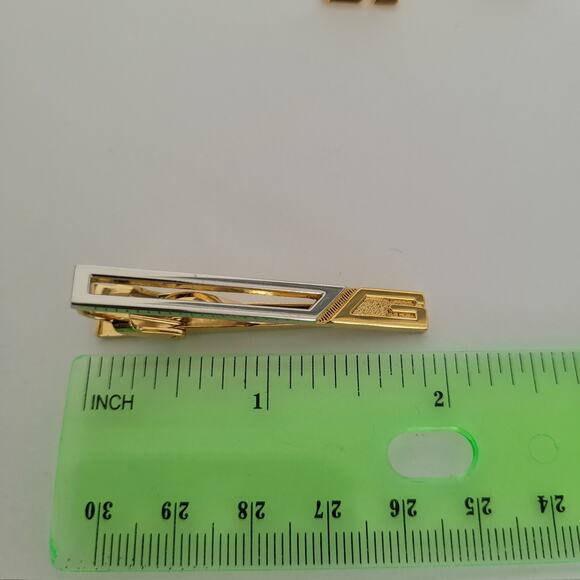 Givenchy G French Tie Bar Clip Cufflinks Set Gold Silver Tone Logo Geometric - Picture 2 of 8